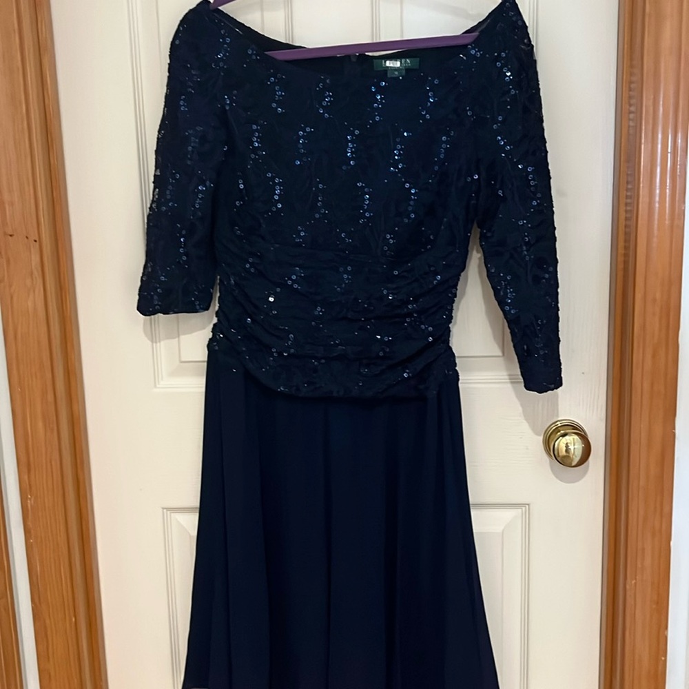 Dressy evening gown. Midi Length. Dark blue. Sparkly
